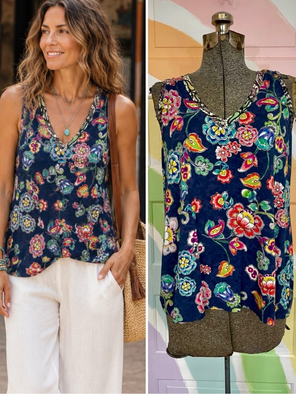 Johnny Was Peppermint Floral V Neck Bamboo Blend Tank Top Size Small 💛🎀